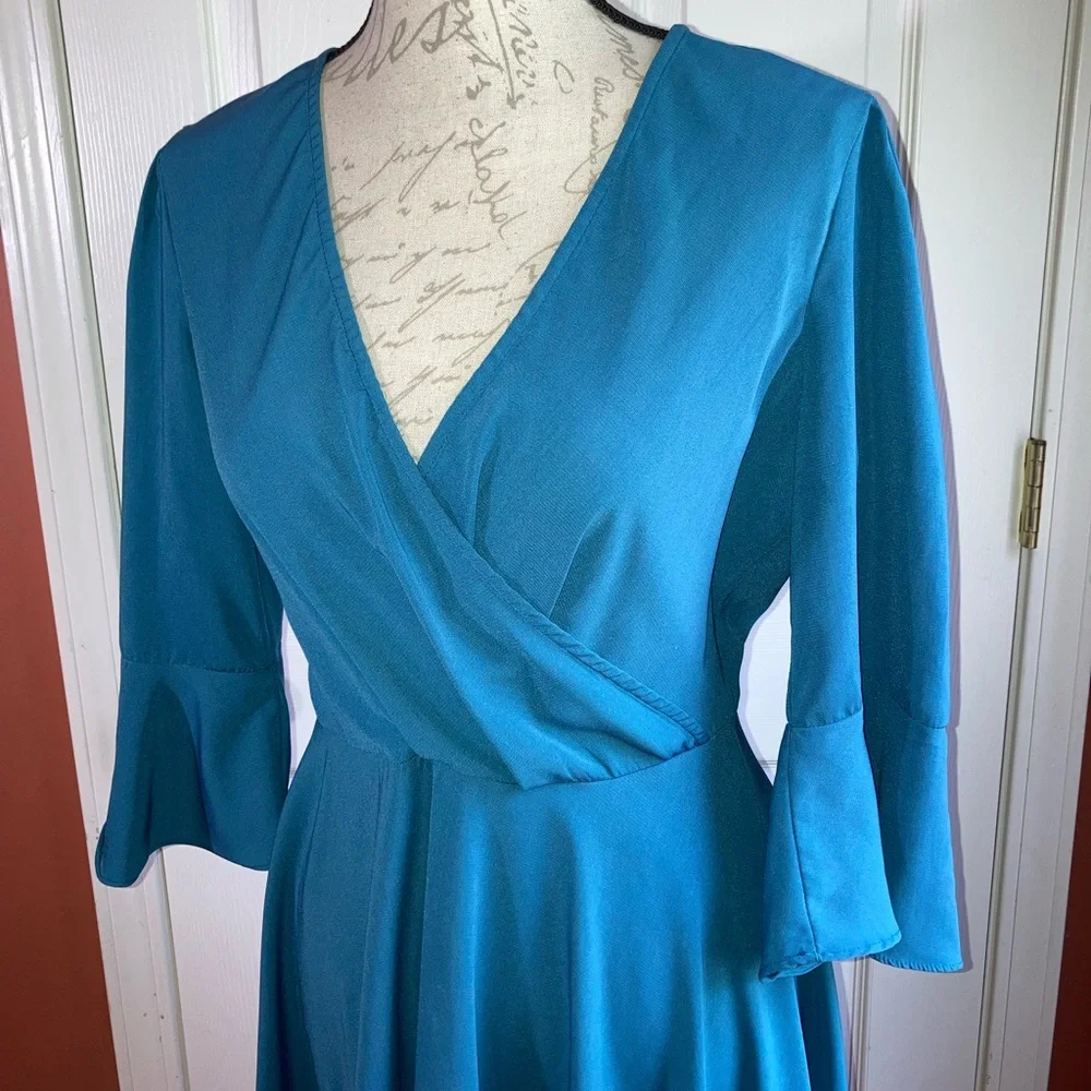 Flutter Detail Faux Wrap Midi Dress 3/4 Sleeve sz Medium by Miami - Picture 4 of 6
